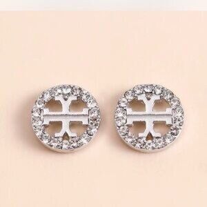 NWT Tory Burch ��style�� Silver Crystal Logo Reverse T Earrings OS